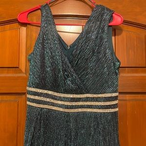 Long Crinkle Pleated Sleeveless Dress with Rhinestone Trio Waistband in Peacock